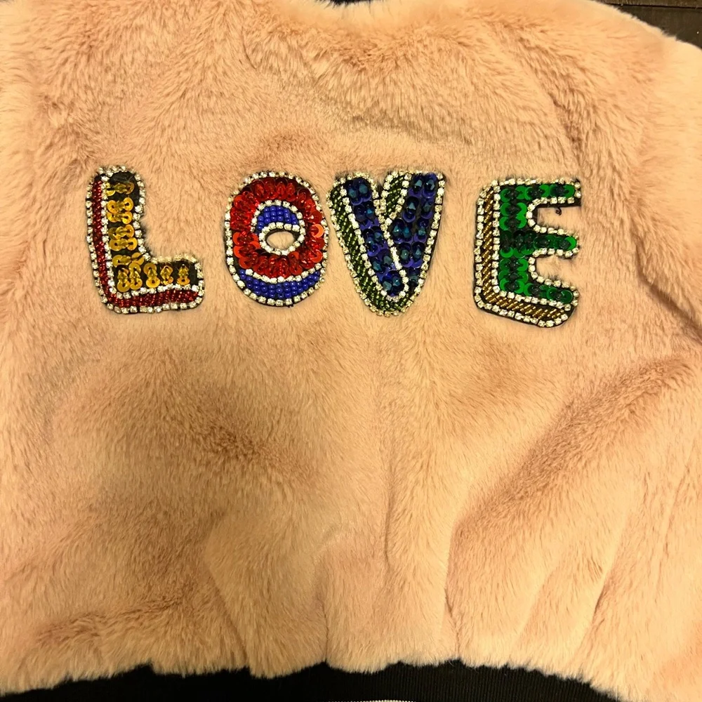 Truly Me Toddler Girls Fur Bomber Jacket with love appliqué sequin letters!